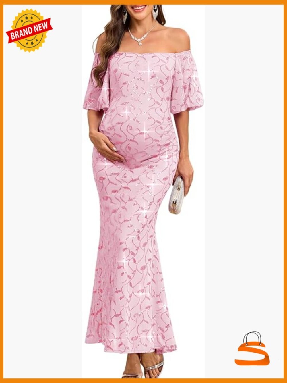 Off-Shoulder Sequin Maternity Mermaid Maxi Dress